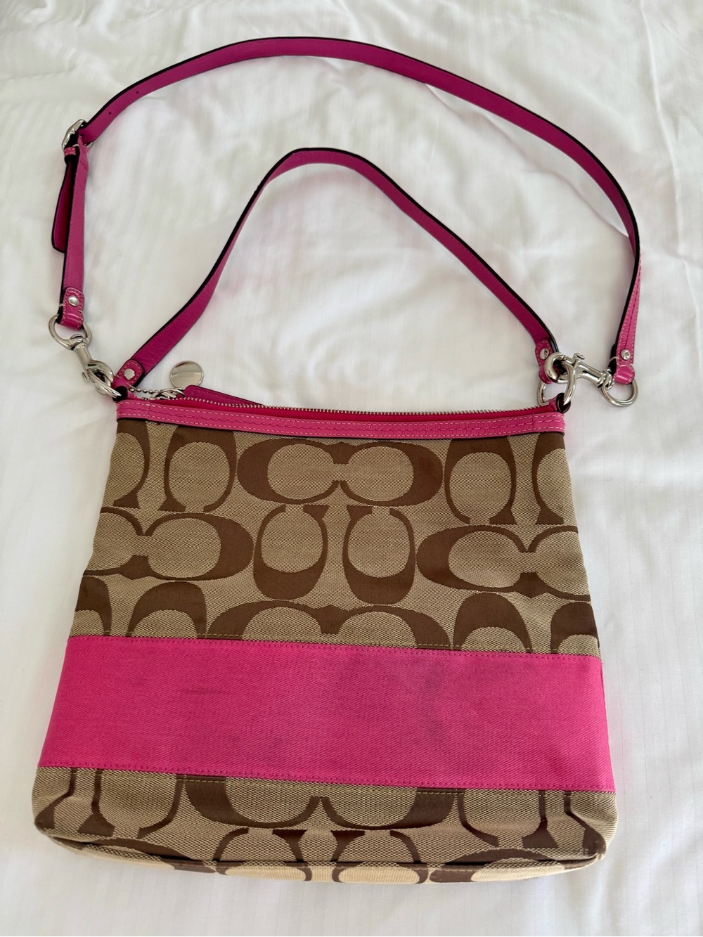 Coach Brown Signature Canvas Crossbody with Pink Trim
